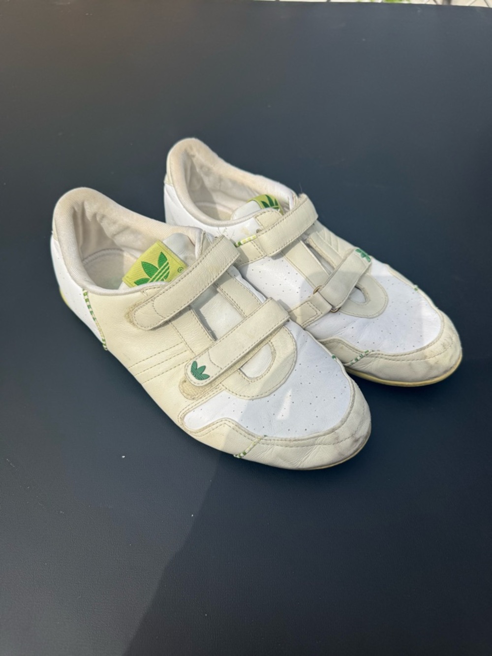 adidas White Sneakers with Green Logo Accent Velcro Straps for biking